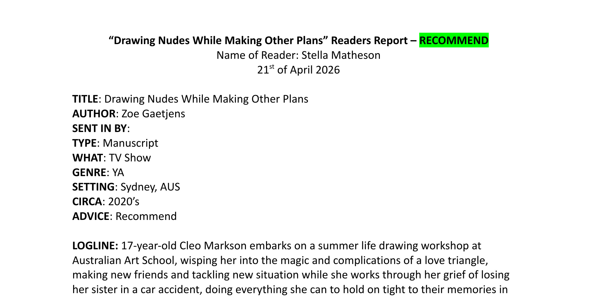 Cover of Stella’s reader’s report on Drawing Nudes While Making Other Plans