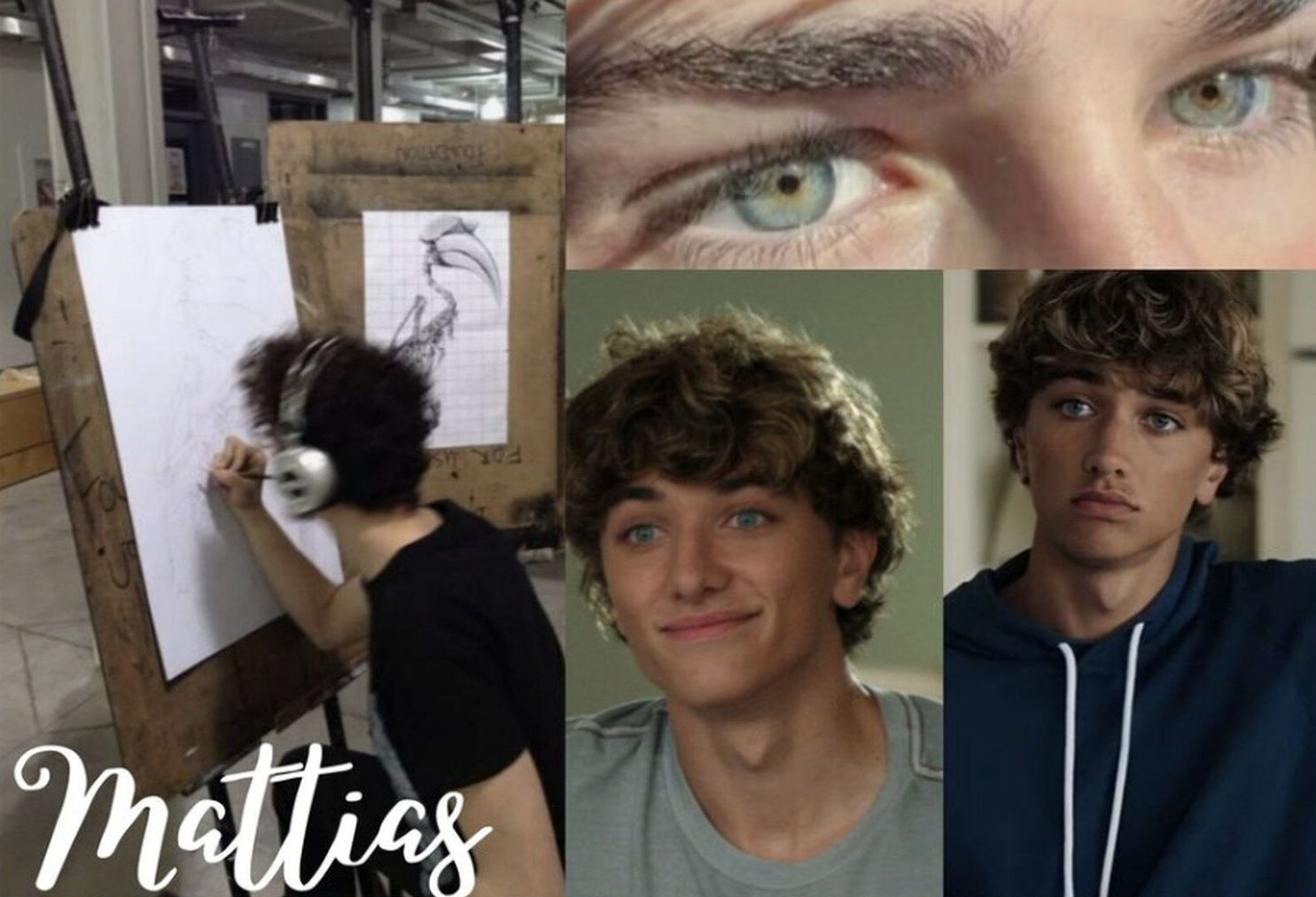 Mattias character collage: reference photos and mood images used in the Drawing Nudes While Making Other Plans pitch deck