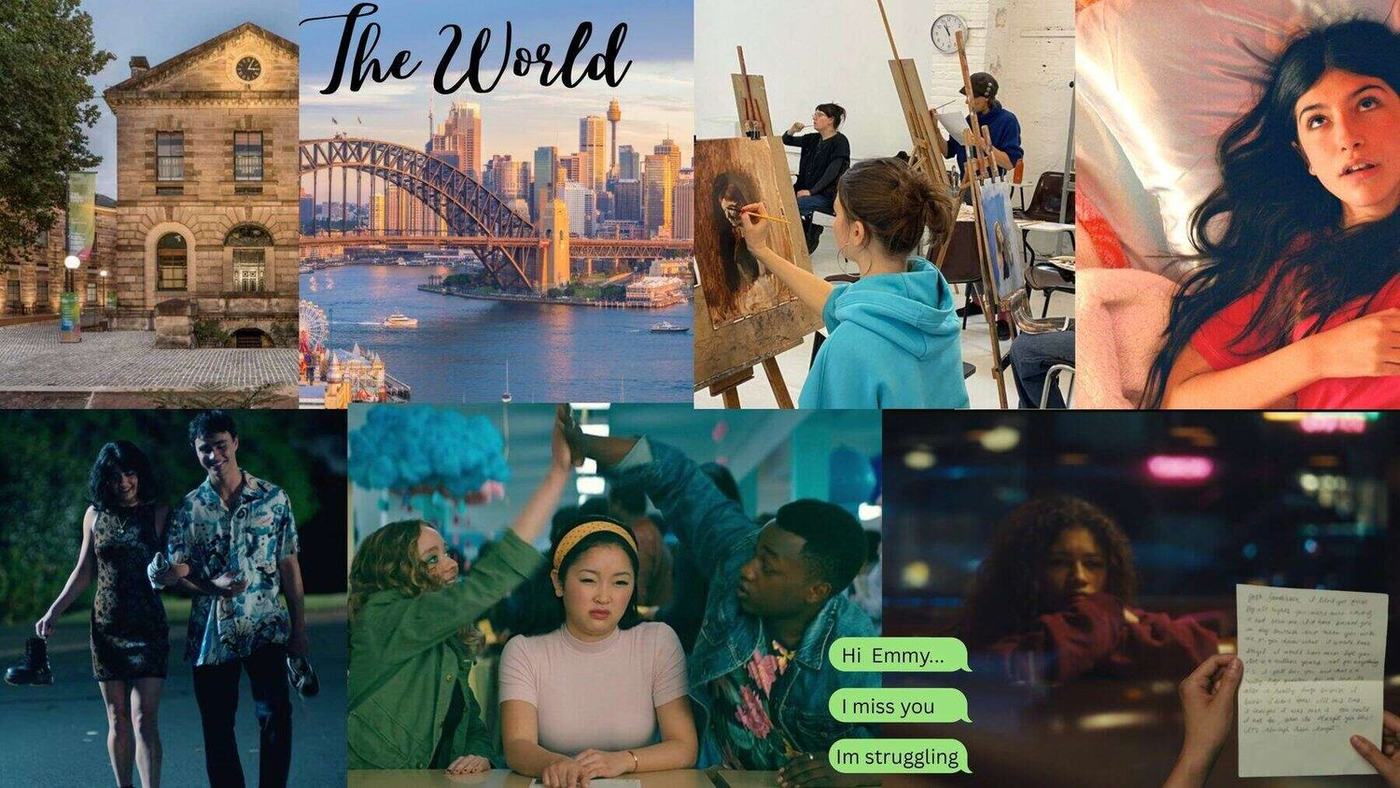 Pitch deck, page 1 of 2: mood board of the world: Sydney locations, the life drawing class, and stills from reference shows