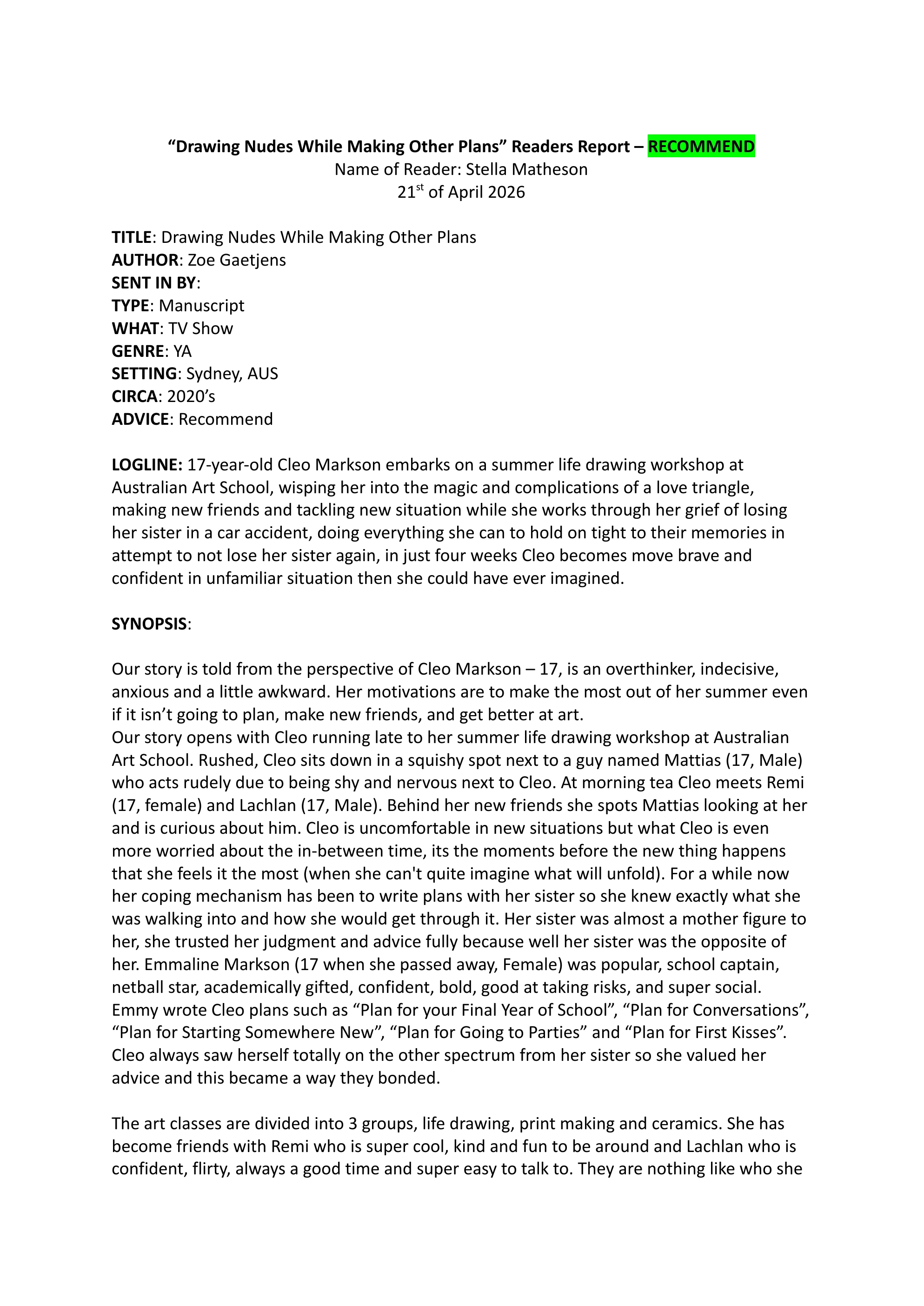 Reader&rsquo;s report, page 1 of 8