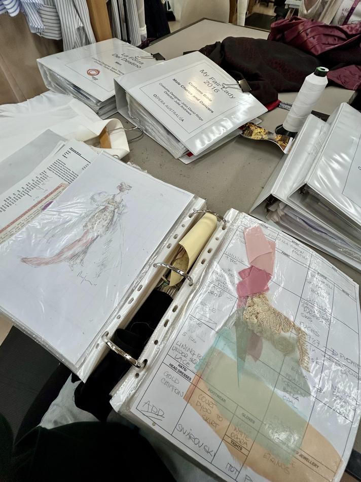 Costume design book with sketches and fabric swatches