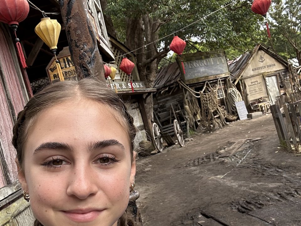 Stella on the old-town street set of The Artful Dodger