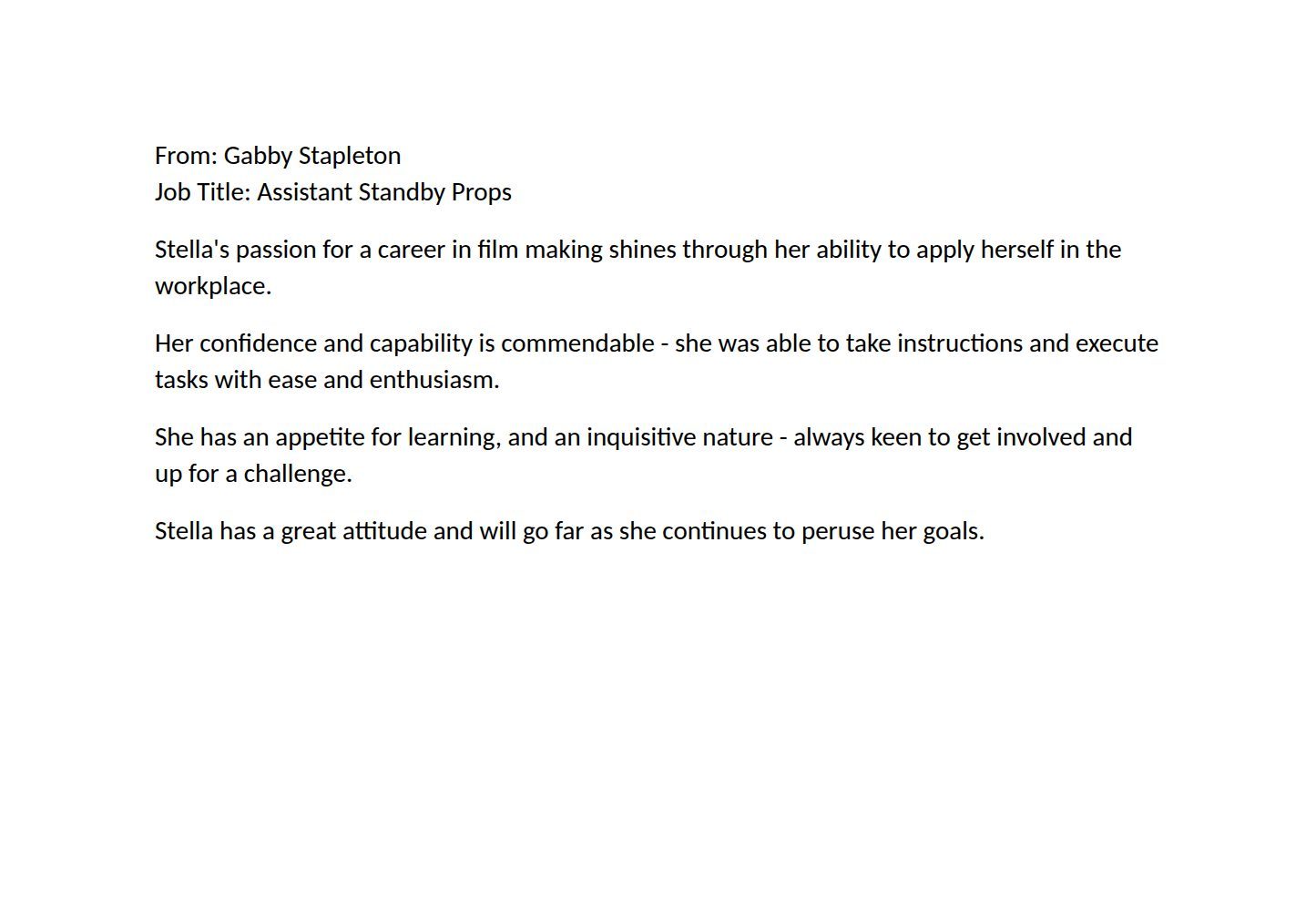 Reference letter from Gabby Stapleton