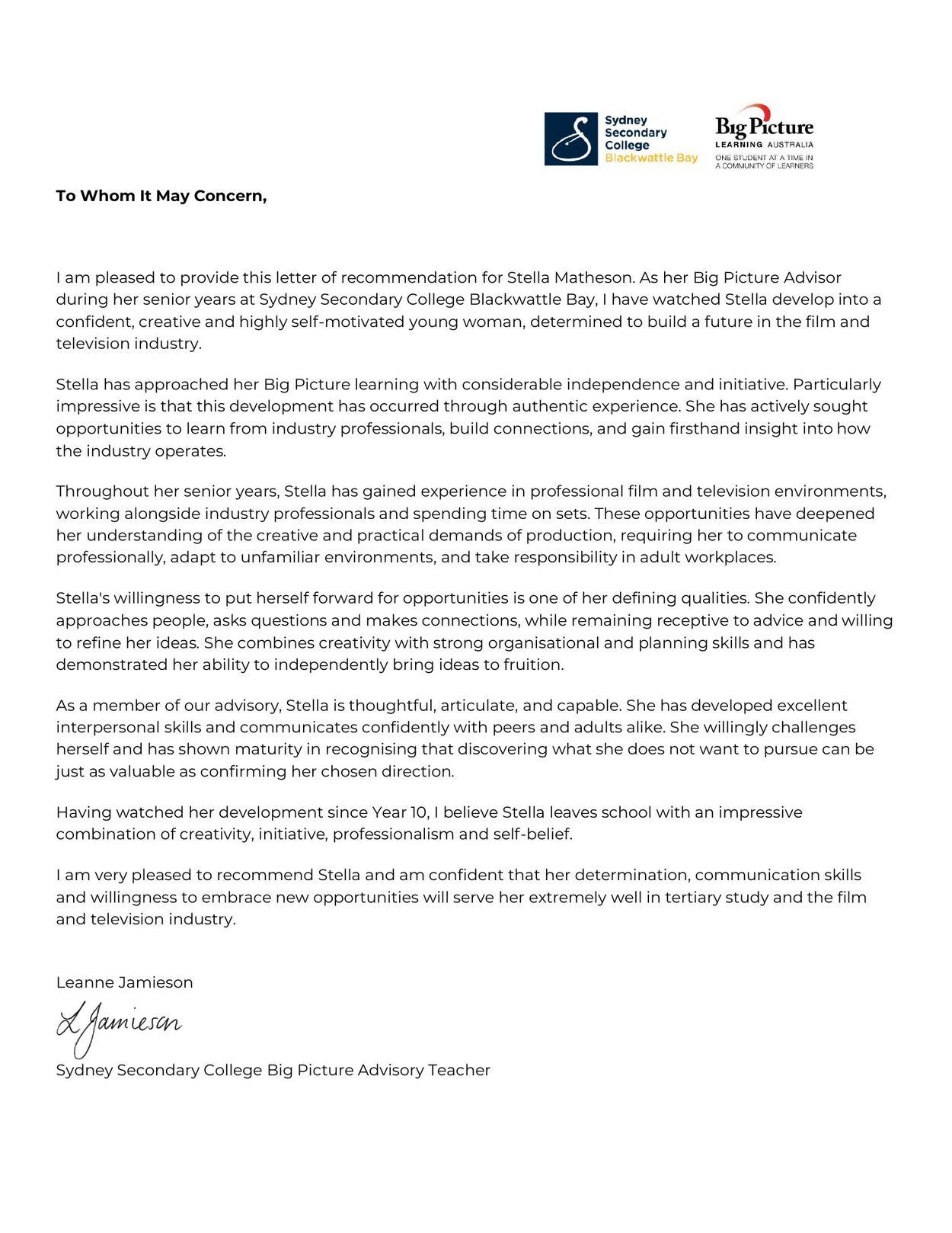 Letter of recommendation from Leanne Jamieson