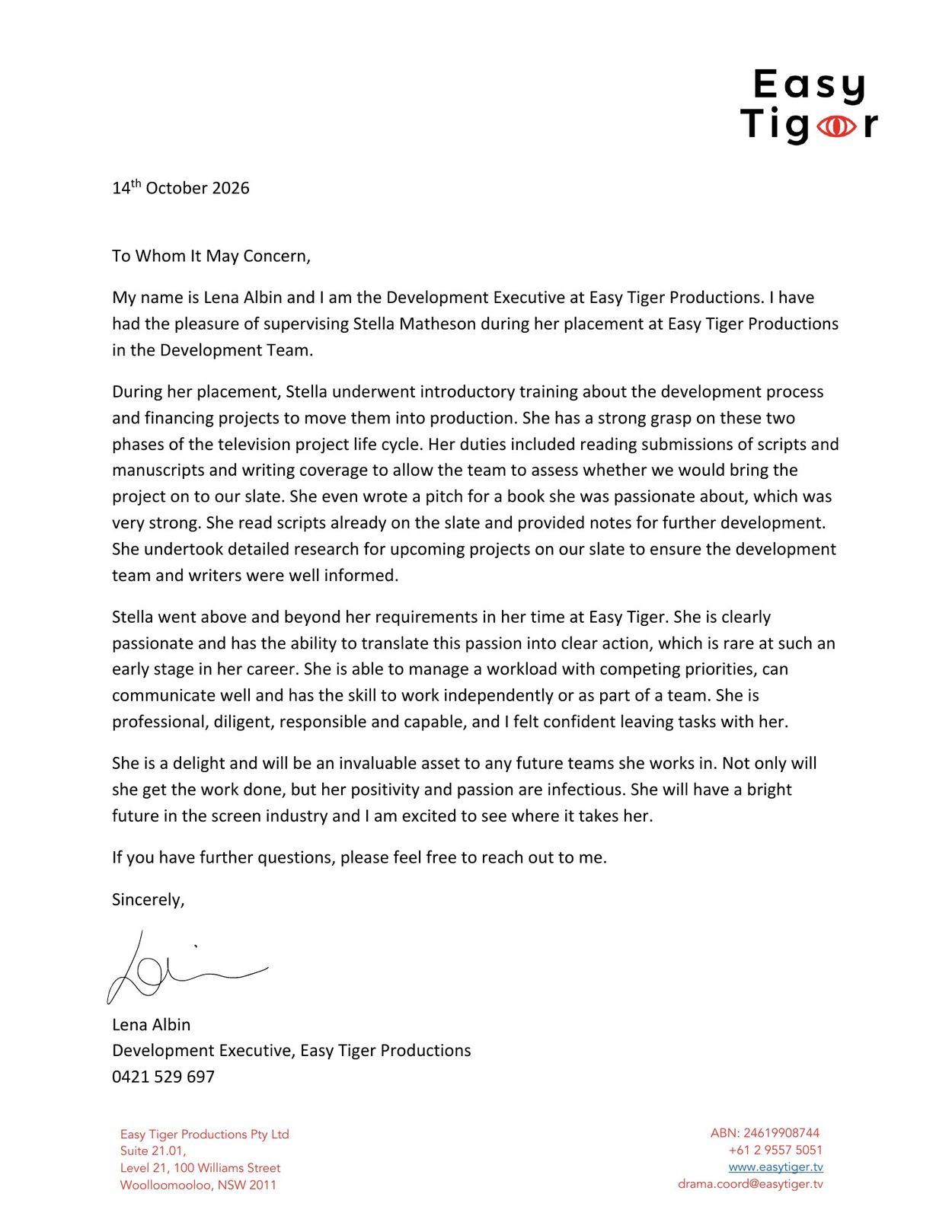 Reference letter from Lena Albin