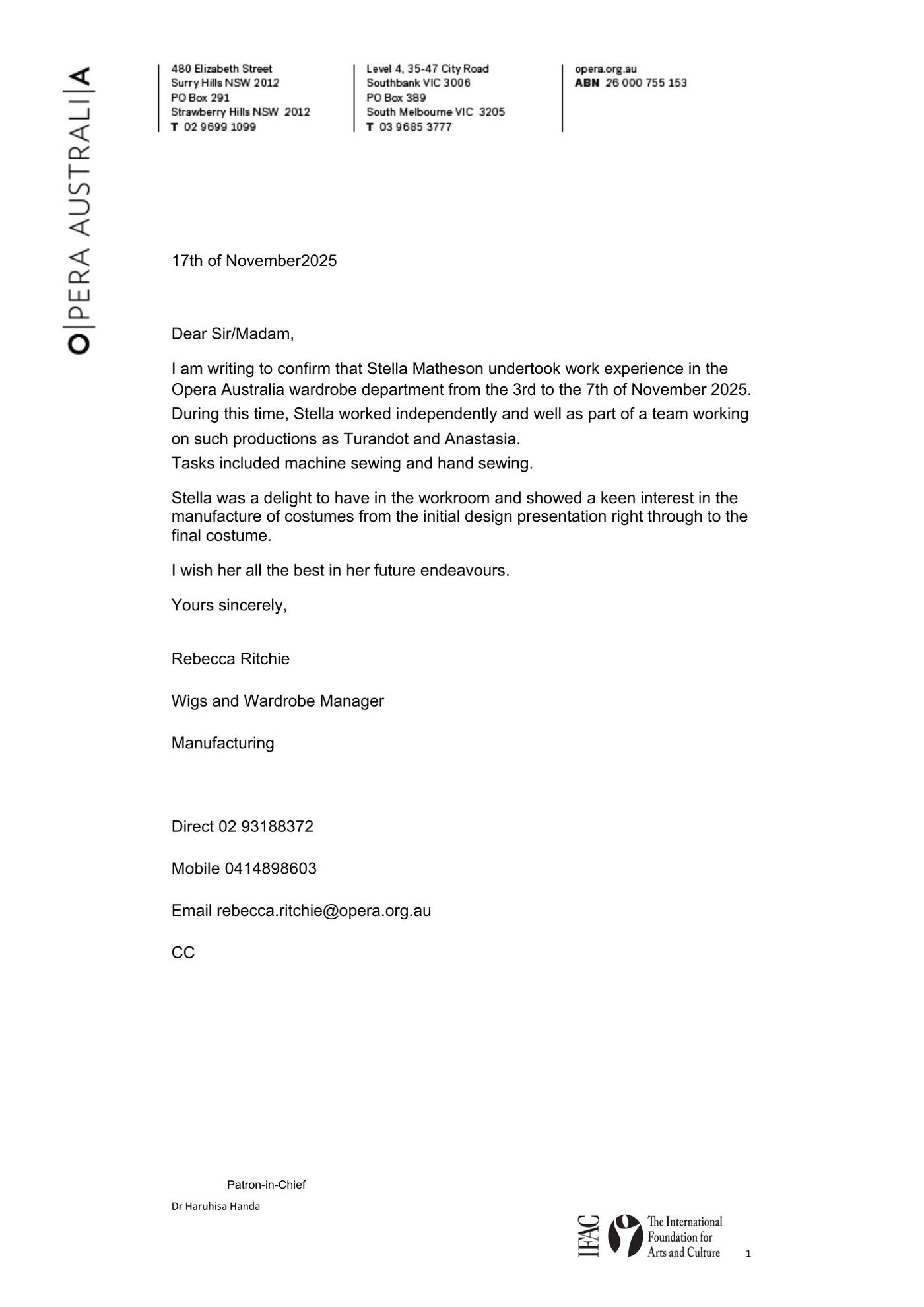Reference letter from Rebecca Ritchie
